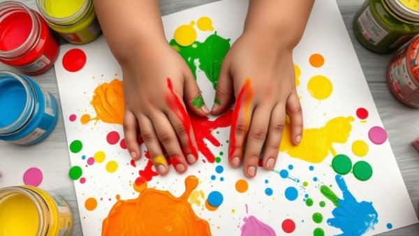 Children painting with colorful finger paints, Michigan child care.