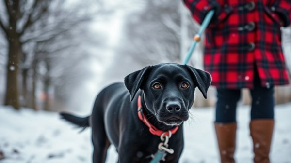 Dog on a leash in snowy Detroit park, highlighting leash laws.