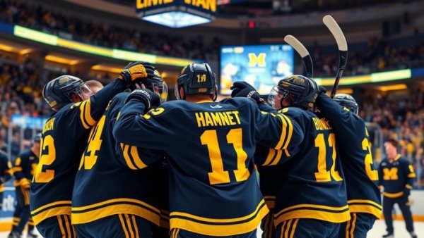 Michigan men's hockey team celebrating Frozen Four history.