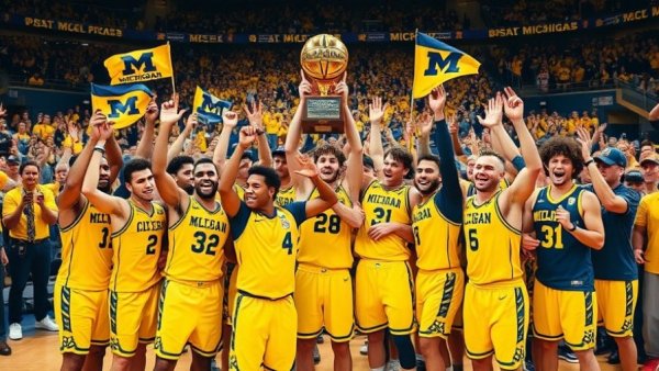 Michigan basketball team celebrating victory with championship trophy.