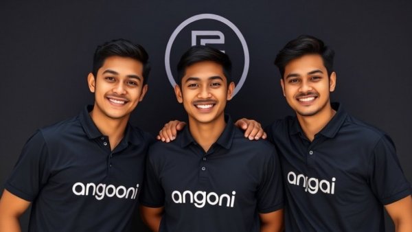 Team of three with 'angoor.ai' shirts, AI customer interaction platform