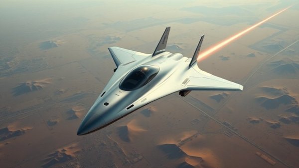 Hermeus hypersonic fighter jet gliding above desert terrain.