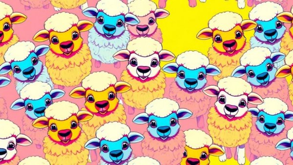 Pattern of stylized pop-art lambs in vibrant colors.