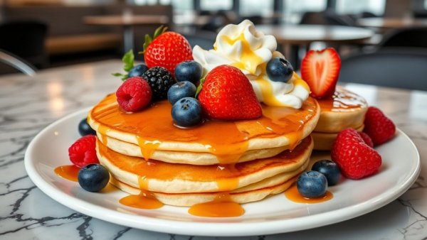 Delectable berry pancakes in a Michigan brunch restaurant.