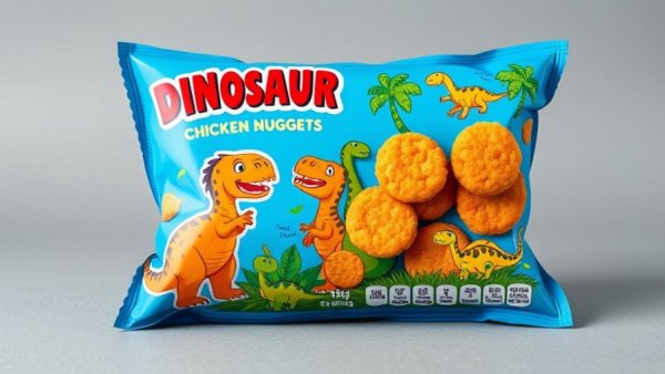 Blue packaging of dinosaur-shaped chicken nuggets with cartoon design.