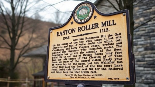Easton Roller Mill improvements historical marker with background trees.