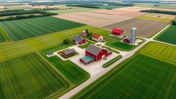 Aerial view of Michigan farmland preservation showcasing red barns and green fields.