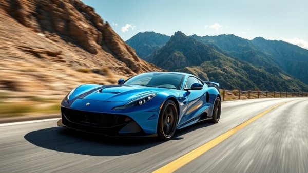 Sleek blue car driving on mountain road, software defined vehicles.