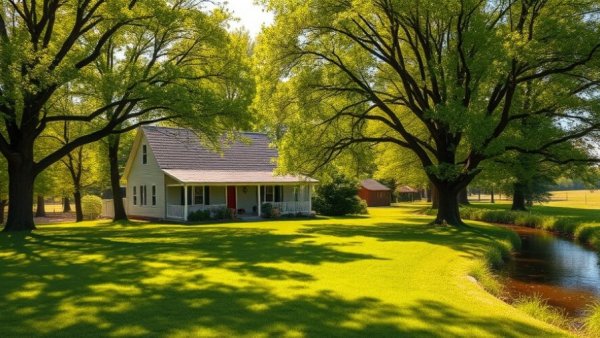 No Mow May lawn care landscape with charming rural home.