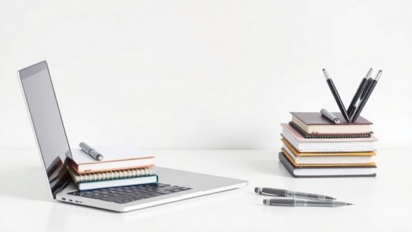Minimalistic desk with a laptop and notebooks for property management for out-of-state investors.