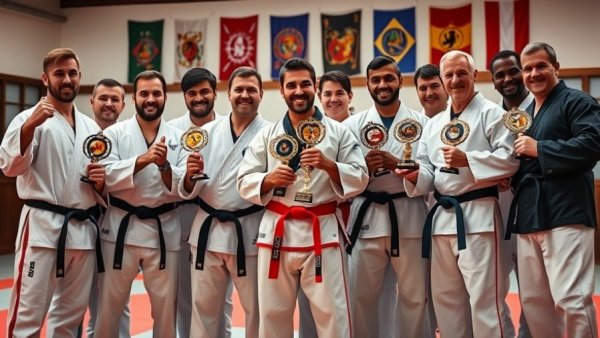 Martial artists with trophies at karate lessons in Gurnee dojo.