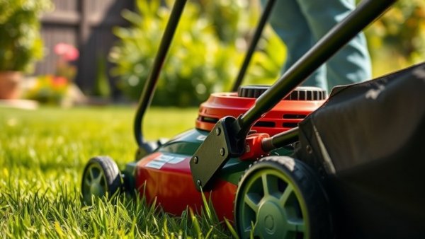 Lawn care costs UK: person mowing lawn with red mower.