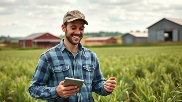 Younger farmer using a tablet for digital growth on a farm.