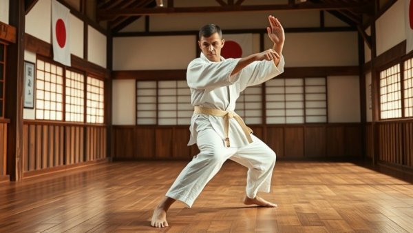Martial artist practicing Kihon Ippon Kumite in a dojo.