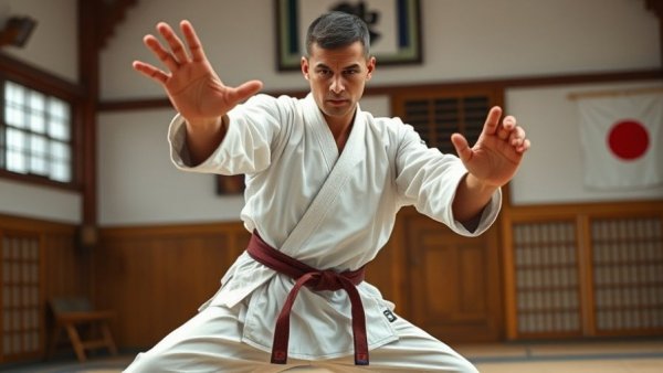 Karate practitioner in dojo during Kihon Ippon Kumite training.