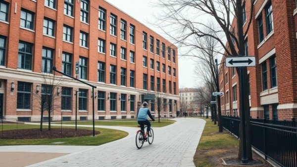 Cyclist passes Michigan medical college building.