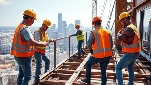 Construction workers on Chicago observation deck expansion project.