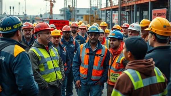 Michigan construction season updates: group of workers in safety gear at press briefing.