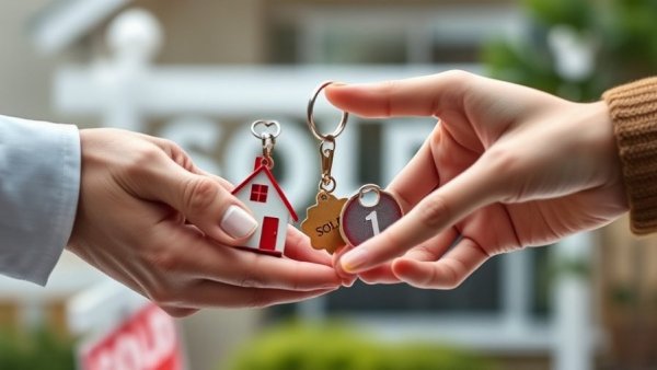 Real estate in Michigan: hands exchanging house key with 'SOLD' sign.