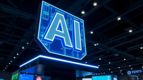 AI platform display at tech expo with predictive analytics theme.