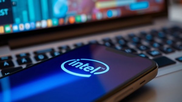 Close-up smartphone with Intel logo, blue-lit laptop, Intel Google AI CPUs partnership.