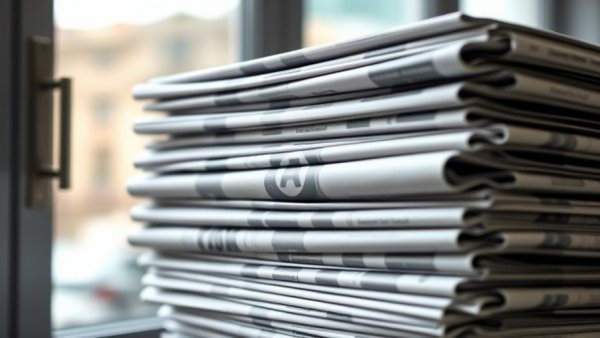 Newspaper stack with logo in focus against a blurred background.