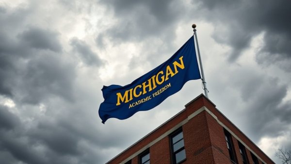 University of Michigan flag representing academic freedom under cloudy sky.