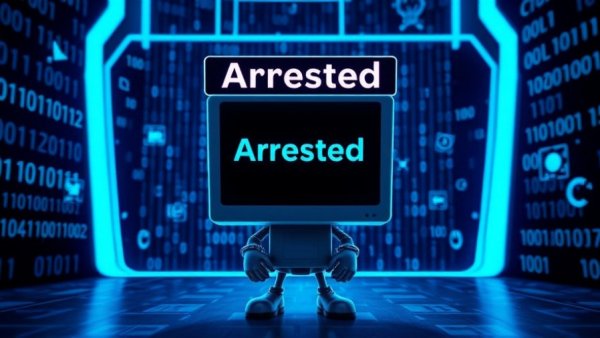 Michigan man arrest concept illustration with computer character