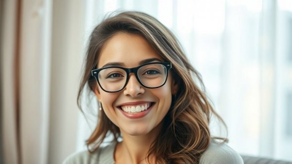 Cheerful woman with glasses smiling warmly indoors