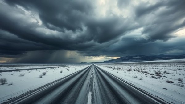 Stormy US-41 highway scene with snow and clouds in Michigan.