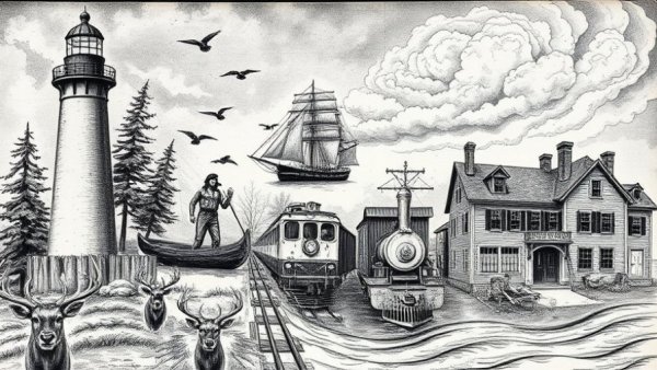 Vintage illustration of Northeast Michigan history elements.