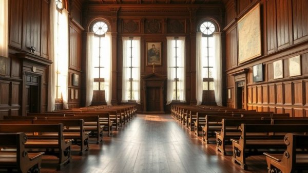 Interior of Michigan's oldest standing courthouse with benches.