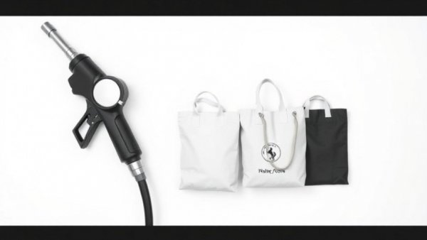 Fuel nozzle, travel mug, and bags in a gas station convenience store hybrid setup.