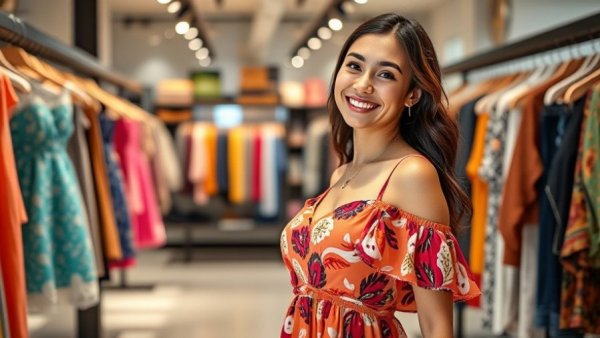 Young woman in vibrant clothing store amid Australian business ownership decline.