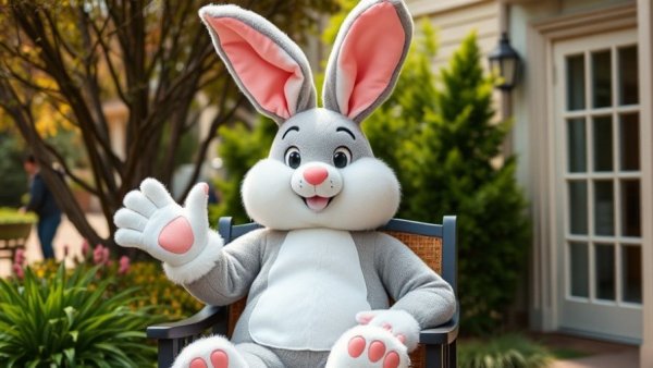 Drive-thru Easter Bunny waving cheerfully in outdoor setting.