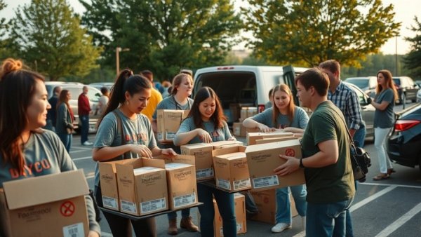 Volunteers work together at West Michigan food pantry event, loading boxes.