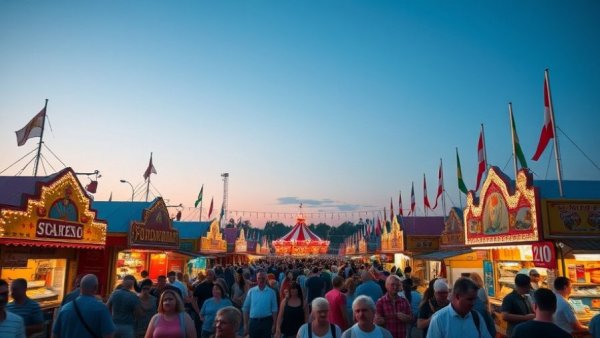 Crowds and food stalls at Upper Peninsula State Fair during evening