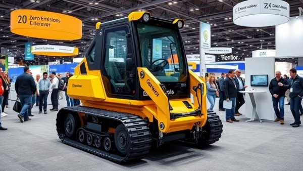 Zero-emissions mini track loader at trade show with attendees observing