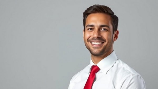 Friendly real estate agent with a red tie smiling.