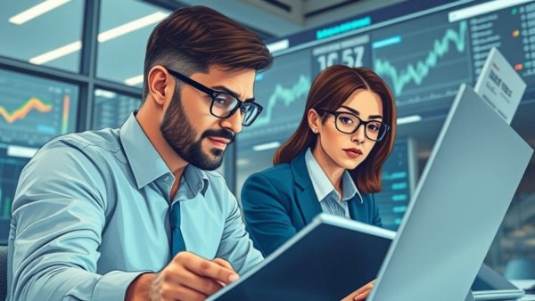 Professionals analyzing data charts in modern office setting.