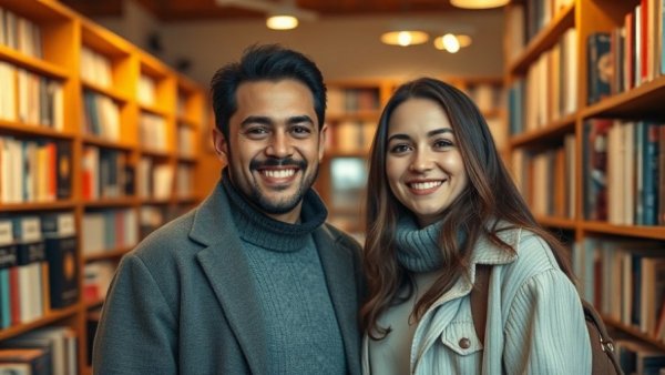 Two individuals in a warmly lit bookstore with bookshelves and warm ambiance.