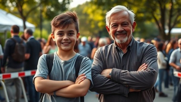 Confident young boy and man at outdoor event; Martial arts classes Gurnee.