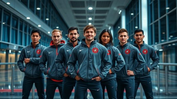 Karate World League team posing at airport in matching jackets.