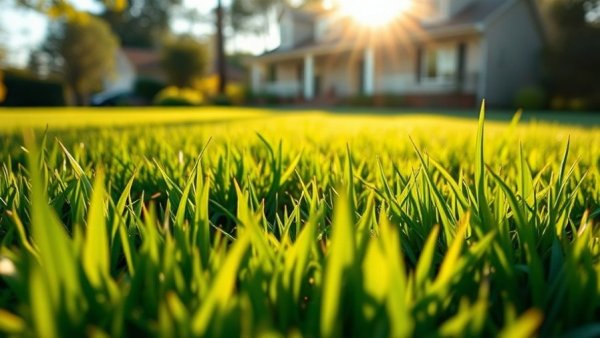 Lush green lawn in sunlight, ideal for April lawn care treatments.