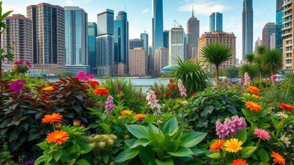 Urban garden with vibrant plants against city skyline, 2026 Best Cities for Urban Gardening.