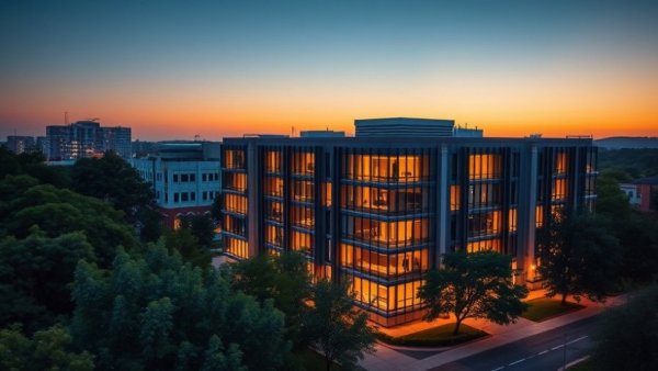 Michigan State University Secchia Center during dusk.