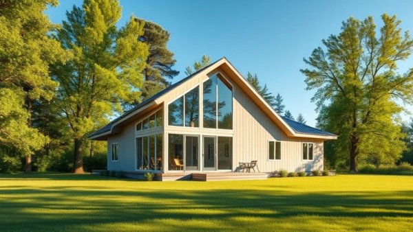 Modern modular home in Michigan surrounded by lush greenery.