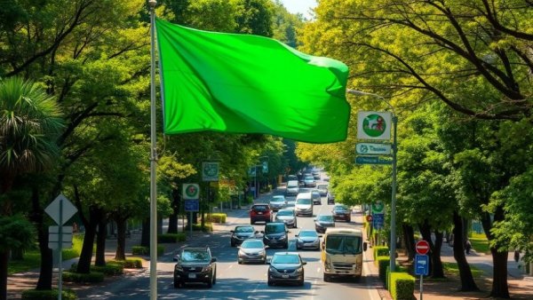 Street with trees and a waving flag in Michigan, transportation view.