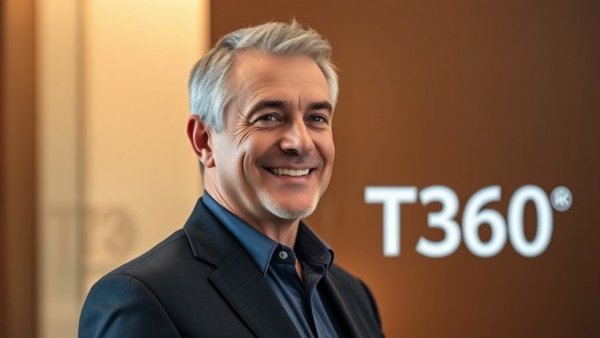 Smiling man in suit with T360 logo, glowing background.