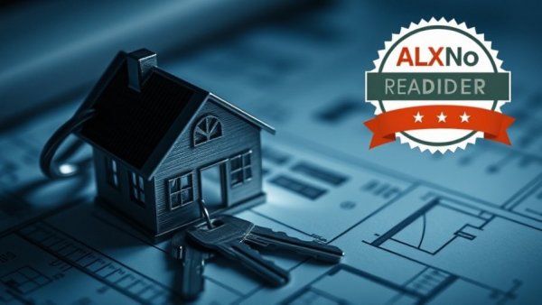 Real estate symbols on blueprints with ALXnow logo.